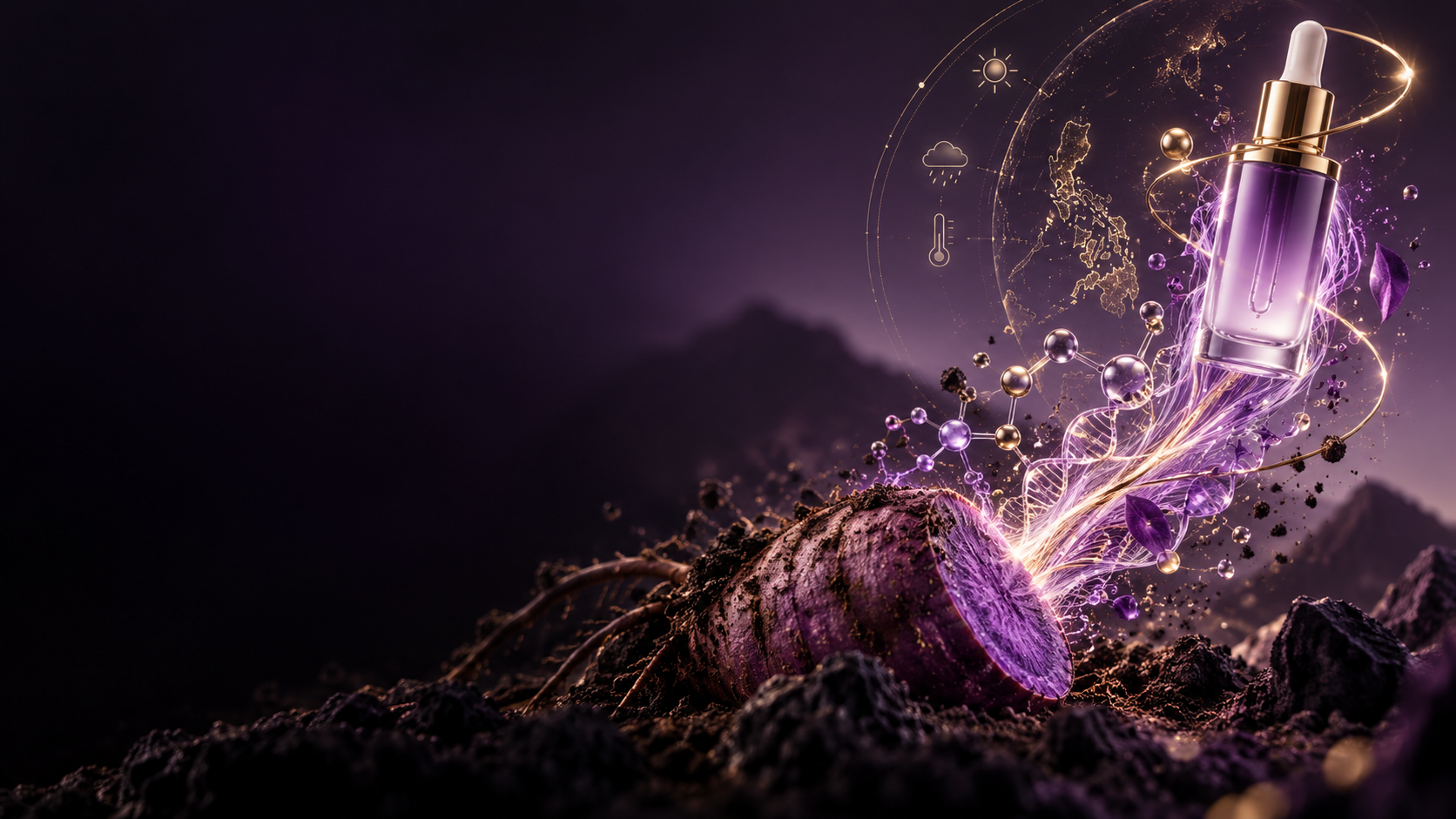 Ube root transforming into a golden serum bottle