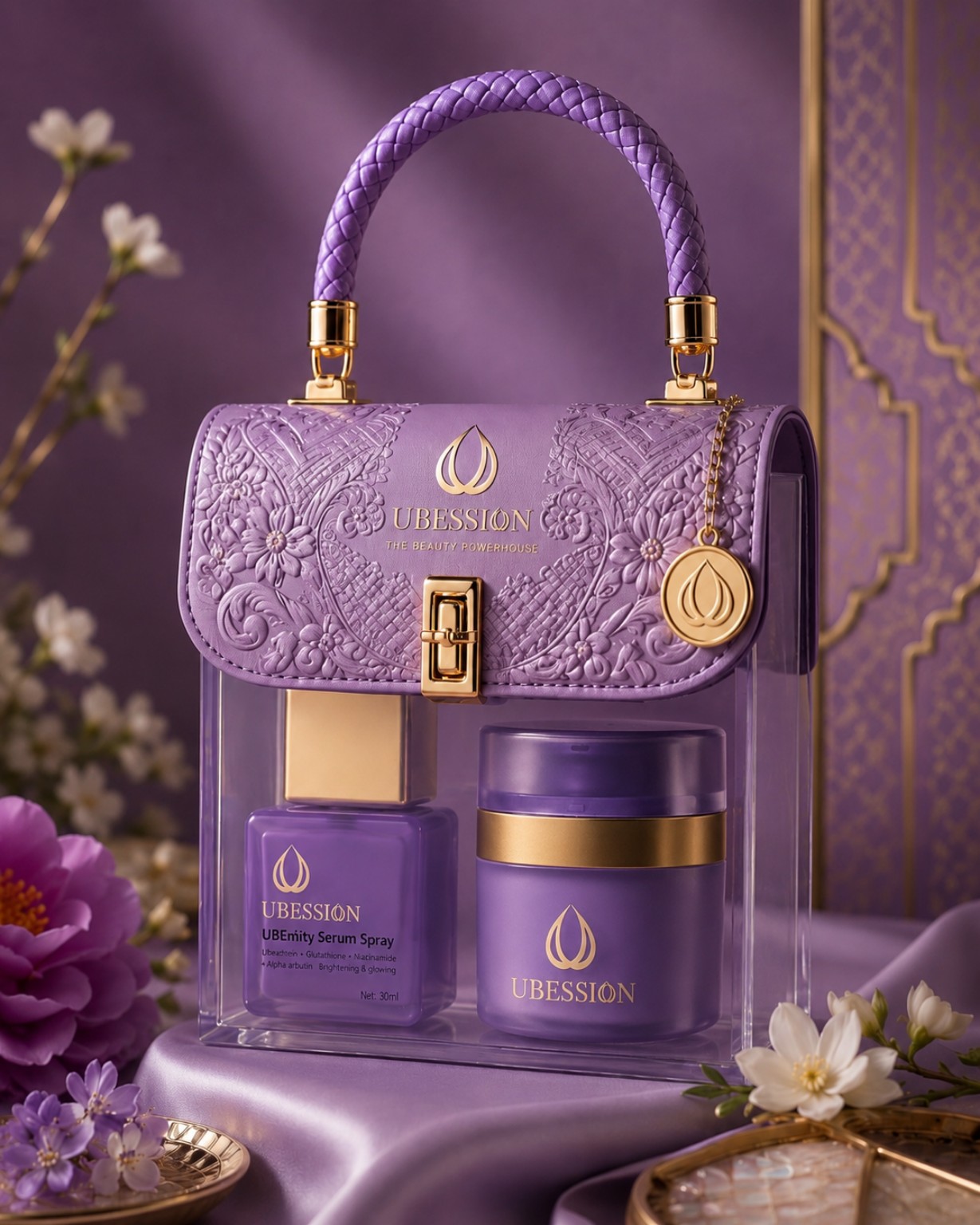 The UBESSION Signature Beauty Bag in embossed lilac leather with gold hardware, braided handle and a clear lower vitrine holding the UBEntity serum spray and matching cream jar