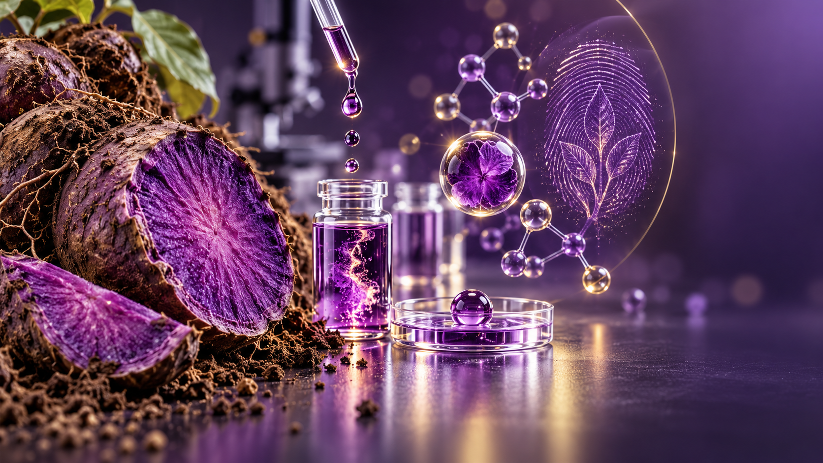 Ube extract in a laboratory with molecular structures