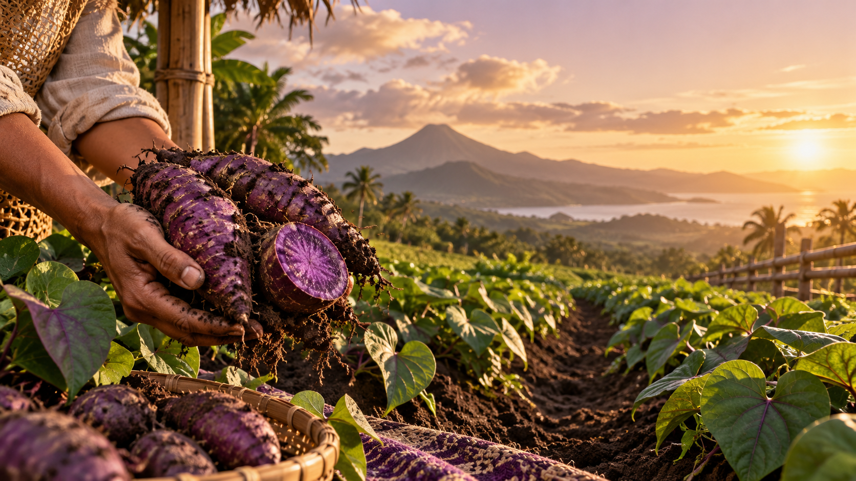 Hands harvesting fresh ube in a Philippine field at sunset
