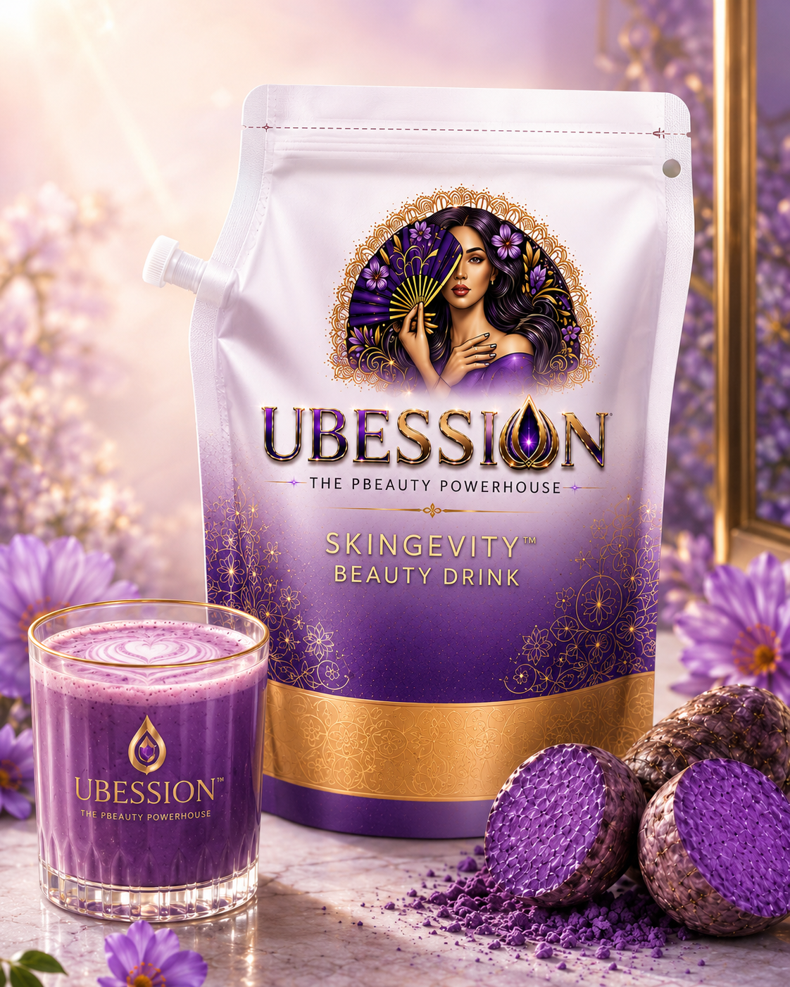 UBESSION SKINGEVITY Beauty Drink spout pouch in purple and gold with a purple ube latte and fresh ube